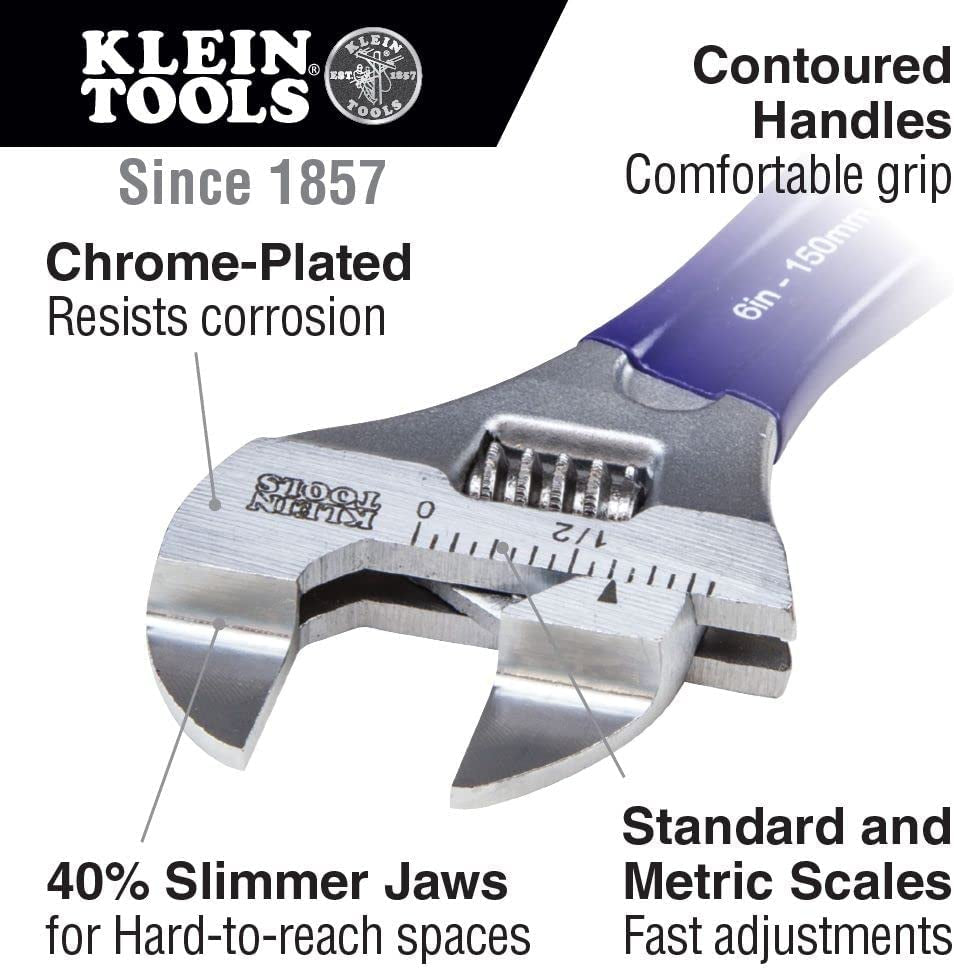 KLEIN TOOLS, Klein Tools D86934 Adjustable Wrench, Forged with Slimmer Jaw and a High Polish Chrome Finish, 6-Inch